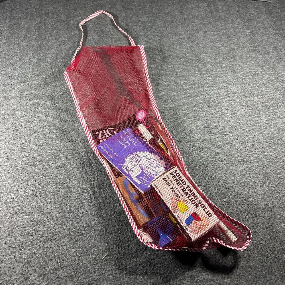 Vintage Mesh Stocking‎ Filled Opened with Magic Toys Christmas